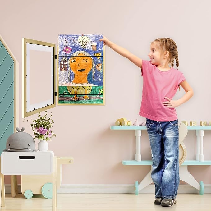[2Pack] Kids Art Frames, 11x14 Front Opening Kids Artwork Frames Changeable, Gold Artwork Display Storage Frame for Wall, Holds 50 Pcs, for 3D Picture, Crafts, Children Drawing, Hanging Art, Portfolio