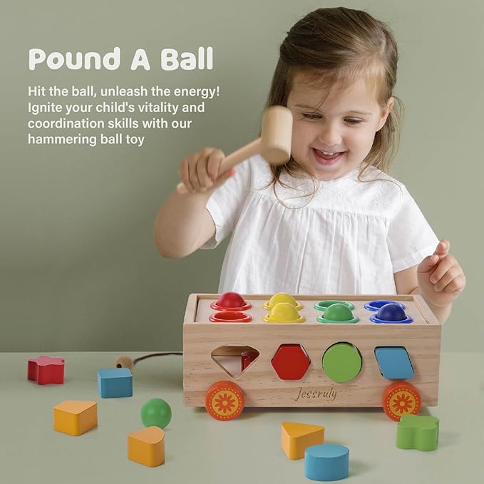 Jessruly Shape Sorter - Wooden Pound A Ball and Montessori Number Puzzle Set for Babies - Educational Sorting Game with Storage Car for Toddlers
