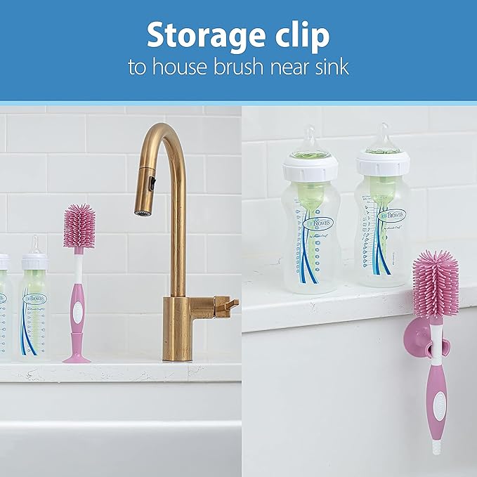 Dr. Brown's Soft Touch No Scratch Baby Bottle Cleaning Brush Nipple Cleaner with Stand and Storage Clip, BPA Free, Pink (Pack of 2)
