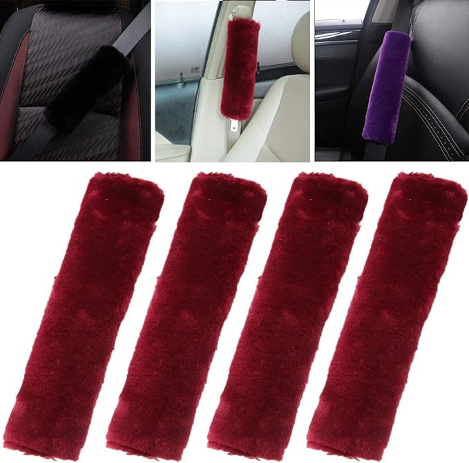 4 Pack Car Seat Belt Pads Shoulder Cover Baby Safety Belt Protector with Adjustable Soft Plush Strap Protect Neck and Shoulder (Wine)