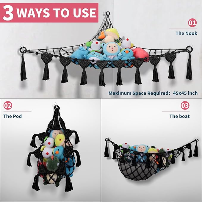Stuffed Animal Storage Hammock, 56'' Jumbo Boho Macrame Tassels Corner Toy Holder Wall Hanging Net Organizer for Nursery Teddy Plushie, Black Plush Toy Net with Star Light for Boys Girls Gift