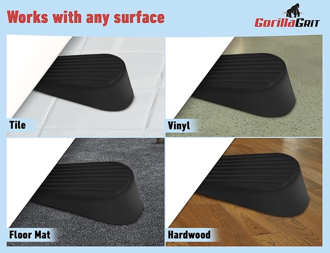 Extra Large Rubber Door Stoppers - Heavy Duty Door Stop Wedge, Jumbo Flexible Door Holder - Black 4 Pack - Non Marking Anti Slip Jammer