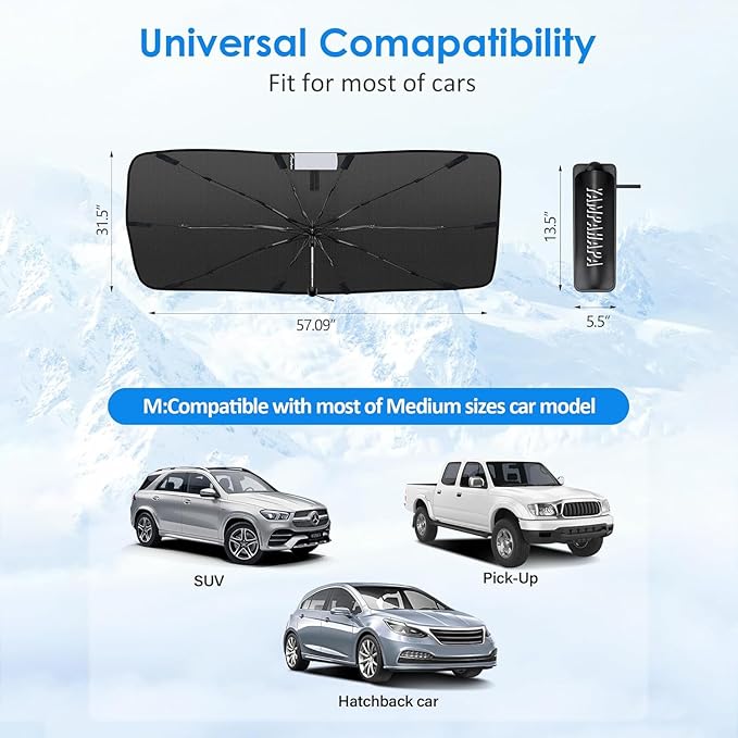 [2026 Upgrade] Car Windshield Sun Shade Umbrella, Car Sun Shade Windshield for Auto Trucks Sedan SUV Keeps Vehicle Cool Heat Insulation