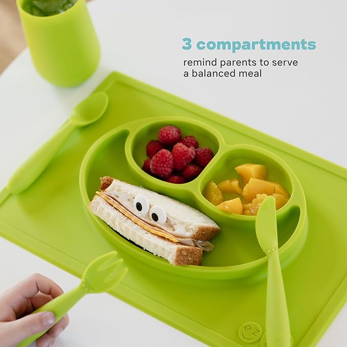 ezpz Happy Mat (Gray) - 24 Months+ - 100% Silicone Suction Placemat + Divided Plate with Three Compartments - Toddler + Preschool Essentials
