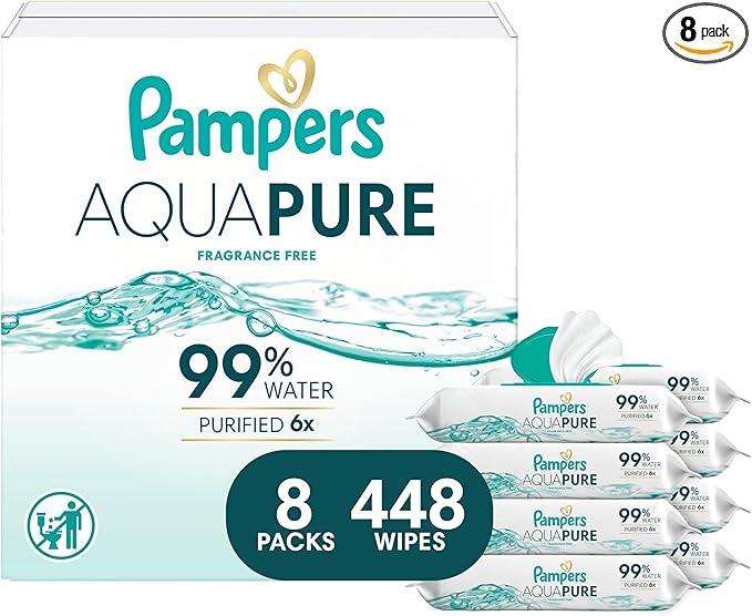 Pampers Aqua Pure Baby Wipes, 99% Water, Fragrance Free, Unscented, Water Based, Multi-Use, 448 Wipes Total (8X Flip-Top Packs) [Packaging May Vary]