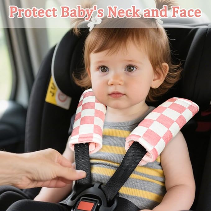 DILIMI Baby Car Seat Belt Covers, 2Pcs Carseat Shoulder Strap Pads, Soft Minky Car Seat Neck Covers, Newborn Car Seat Strap Protectors, Stroller Strap Covers for Baby Kids, Pink Checkered