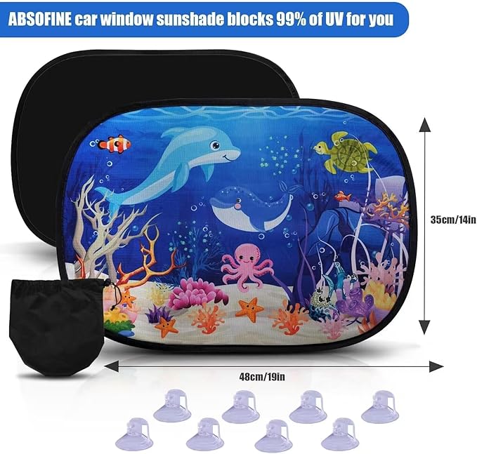 ABSOFINE Car Window Sun Shades for Baby Kids 2 Pack 19"x14", Ocean World Window Shades Sun Blocker Cover, Baby Car Shades for Back Windows with 8 Suction Cups and Storage Bag, Anti Glare & UV