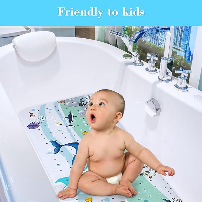 Secopad Bath Mat for Tub Non Slip, Machine Washable Anti-Slip Cartoon Baby Bathtub Shower Mat with Drain Holes and Suction Cups for Toddler & Kids (40 Inch x 16 Inch-Rectangular, Blue Dolphine)