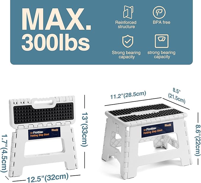 Flottian 9" Folding Step Stool for Adults and Kids Holds Up to 300 lbs,Non-Slip Folding Stools with Portable Handle, Compact Plastic Foldable Step Stool for Bathroom,Bedroom, Kitchen White