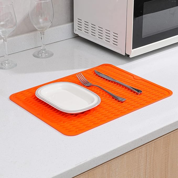 MicoYang Silicone Dish Drying Mat for Multiple Usage,Easy clean,Eco-friendly,Heat-resistant Silicone Mat for Kitchen Counter or Sink,Refrigerator or drawer liner Orange L 16 inches x 12 inches