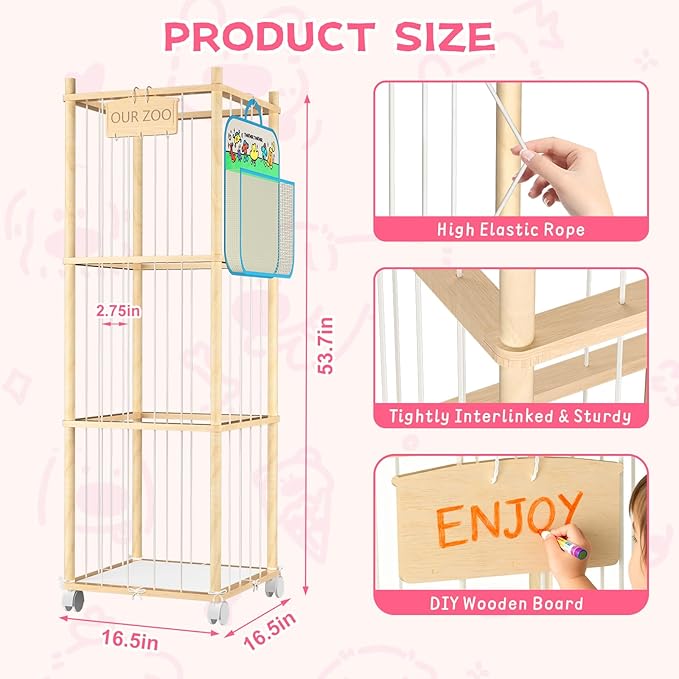 DUOQNY Large Toy Storage Organizer, 54-Inch Wooden Stuffed Animal Cage with Bag & DIY Plaque - Holds Plush Toys, Small Objects for Kids Bedroom, Nursery, Playroom - Gift for Children