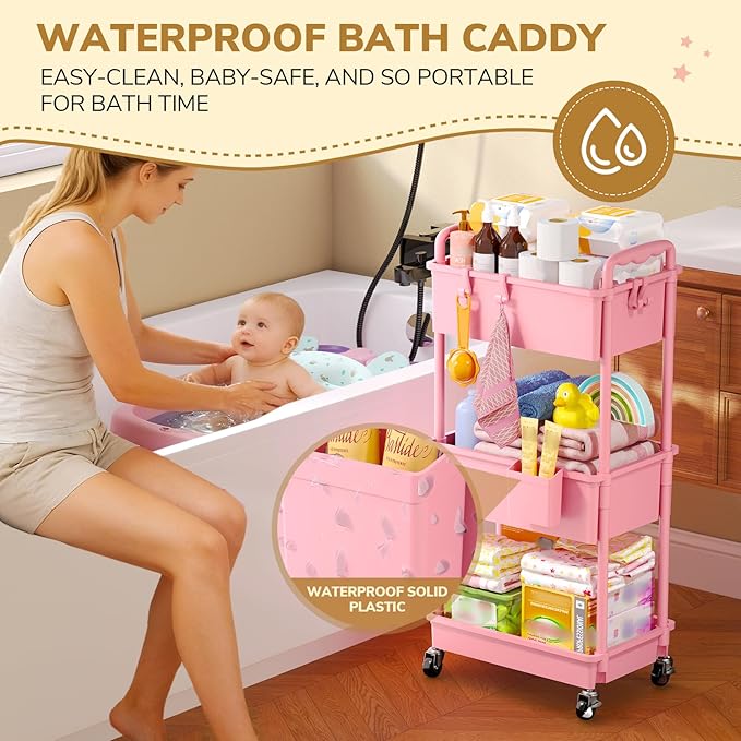 Goovilla Diaper Cart with Lockable Wheels and Easy Assembly, 3 Tier Pink Rolling Cart for Baby Nursery Storage, Sturdy Ample Diaper Caddy Organizer for Baby Girl, Boy, New Mom, Newborn Essentials