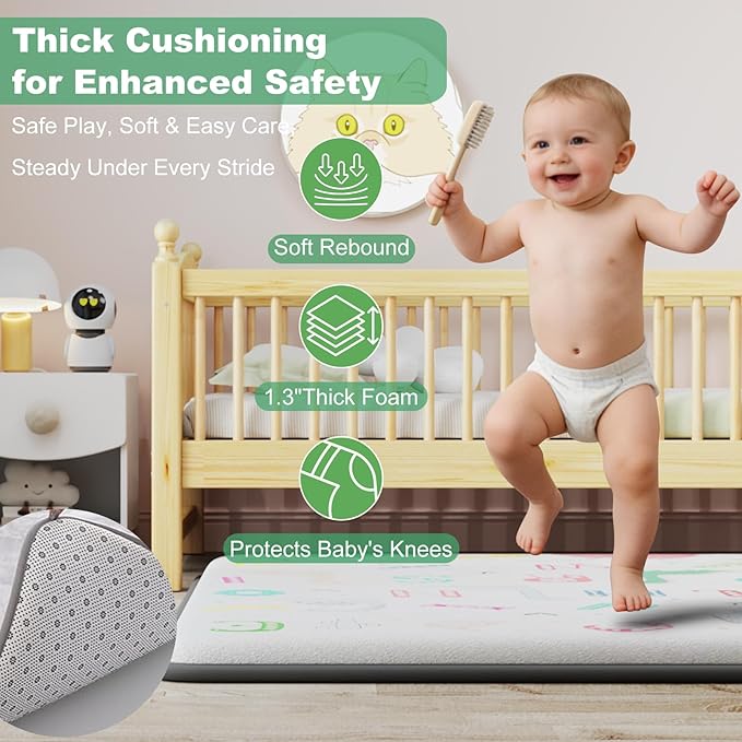 1.3" Thick Baby Play Mat for Floor, Elasti-Foam 71x59 Playpen Mat, Water Repellent Ultra Soft Coral Velvet Tummy Time Crawling Mats for Kid Toddlers Infants, Non-Slip Backing Safe Alphabet Zoo
