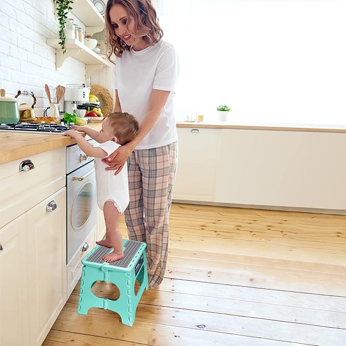 Flottian 11" Folding Step Stool for Adults and Kids Holds Up to 300 lbs,Non-Slip Folding Stools with Portable Handle, Compact Plastic Foldable Step Stool for Bathroom,Bedroom, Kitchen Teal
