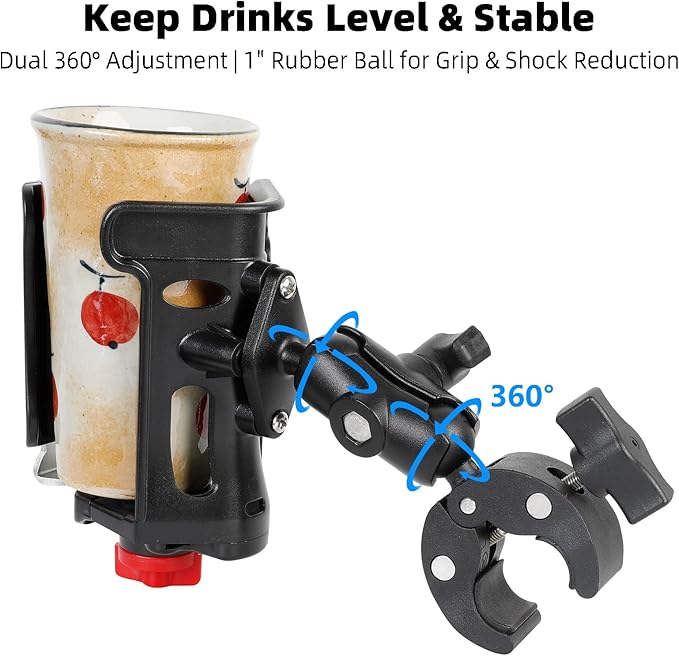 FPN Motorcycle Cup Holder, Upgraded Adjustable Angle Drink Holder for Large Water Bottles (2.36" to 3.54" Dia), Universal Water Bottle Holder for Bike Scooter Boat Stroller Golf Push Cart Wheelchair