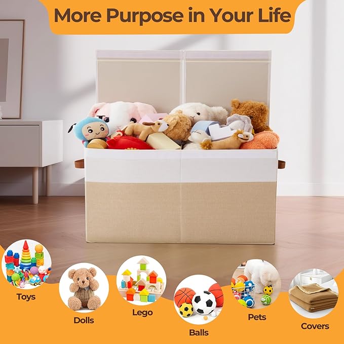 Uniency Large Toy Box,83L Foldable Sturdy Toy Storage with Lid,25"x13"x16" Kids Storage Organizer,Toy Chest for Boys&Girls, for Living Room,Nursery,Bedroom,Playroom,Large Capacity Toybox(Beige)