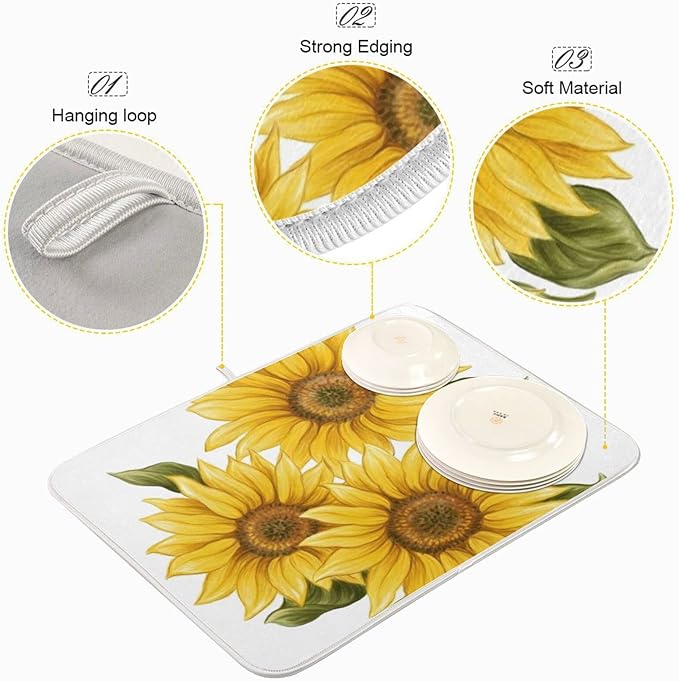 Absorbent Dish Drying Mat for Kitchen Counter - Yellow Sunflower Microfiber Drying Pad, Reversible Drainer Mats for Countertop, Large 18" x 24"