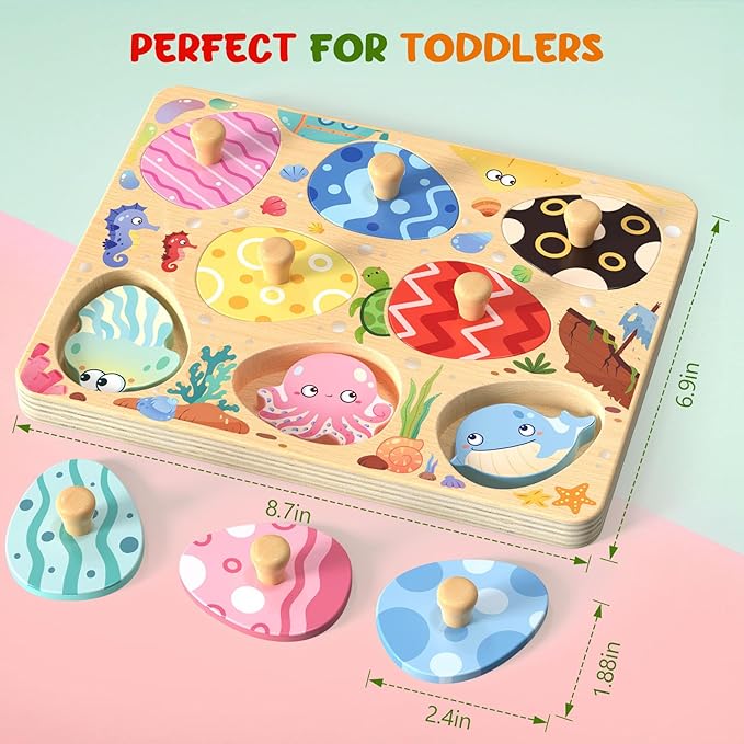 Zeoddler Wooden Puzzles for Toddlers, 8 Pcs Sea Animal Matching Egg Puzzle, Montessori Toys for Boy Girl Easter Birthday Gifts, Preschool Learning Activities & Educational Toys for Boys, Girls
