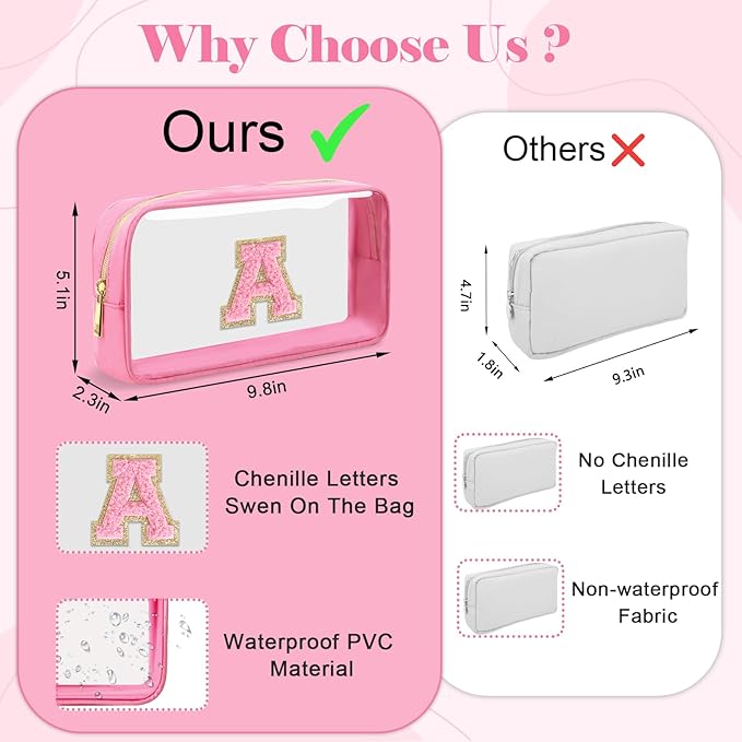 Personalized Initial Letter Clear Makeup Bag,Preppy Small Nylon&PVC Cosmetic Zipper Bag with Chenille Letter,Portable Beach Travel Skincare Toiletry Bag,Trendy Monogram Gift for Teen Girls Women,B