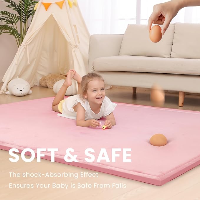 Large 79"x110" Baby Activity Play Mat for Floor,1.3" Thick Elasti Foam Cushion Mat for Tummy Time & Crawling,Non-Slip & Safe for Infants,Toddlers & Kids, for Living Room, Classroom & Playroom（Pink)