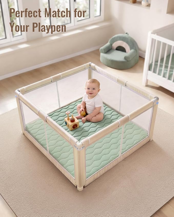 Blissful Diary Baby Play Mat, 47x47 Infant Play Mat for Playpen, Thicken Foam Cushioned Baby Mat for Floor, Non-Slip Kids Play Mat, Washable Baby Playmat for Babies,Toddlers, Sage Green