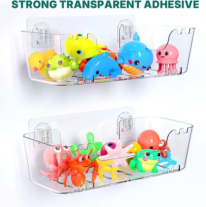 JNDETOP Bath Toy Storage Holder for Bathtub, Clear Acrylic Bath Toy Organizer with Drain Holes, 2 Pack Large Capacity Bathtub Toy Storage Shower Caddy for Bathroom