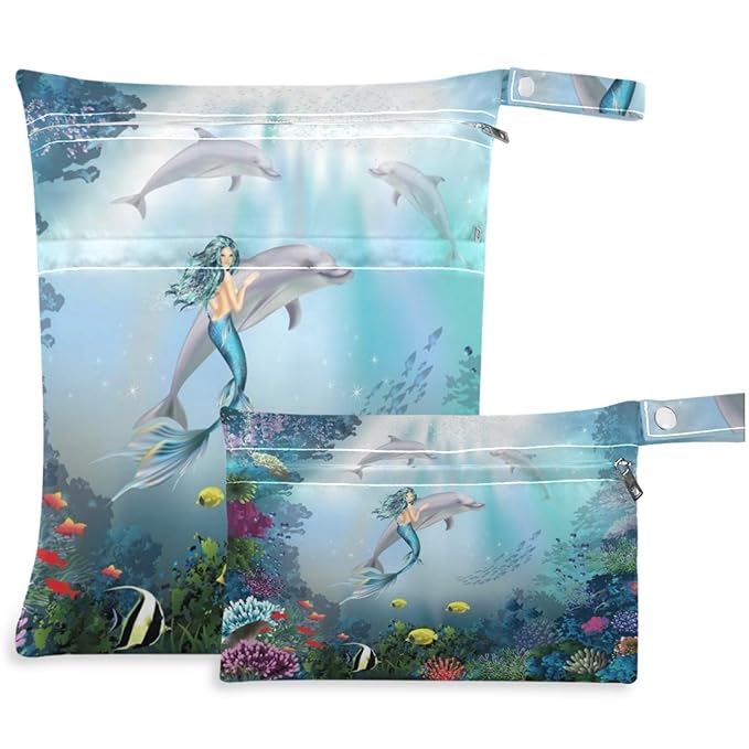 visesunny Mermaid Dolphin Animal 2Pcs Wet Bag with Zippered Pockets Washable Reusable Roomy for Travel,Beach,Pool,Daycare,Stroller,Diapers,Dirty Gym Clothes, Wet Swimsuits, Toiletries