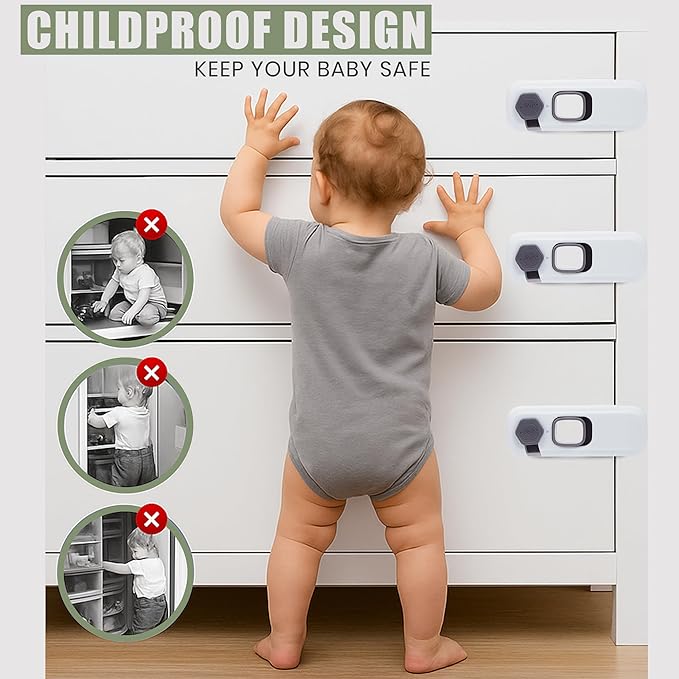 5 Pack Child Proof Refrigerator Locks, Fridge Lock with Strong Adheisive & ABS Plastic, Push Button to Release, Tool Free Installation Child Lock for Fridge, Drawers, Cabinets, Doors & Oven (White)