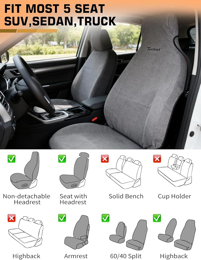 TESFEEL Car Seat Cover Towel, Waterproof Terry Cloth Car Seat Cover Universal Fit for Cars, SUVs, Pickups, Washable Car Seat Protector Brand Customized(Gray,1pc)