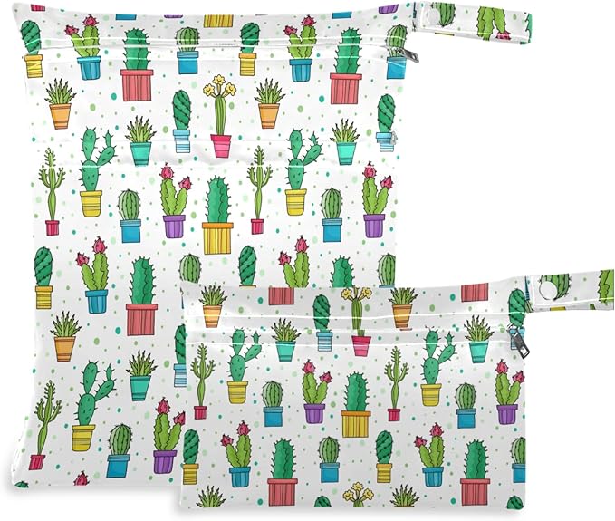 visesunny Lovely Green Cactus in Pot Flower 2Pcs Wet Bag with Zippered Pockets Washable Reusable Roomy for Travel,Beach,Pool,Daycare,Stroller,Diapers,Dirty Gym Clothes, Wet Swimsuits, Toiletries