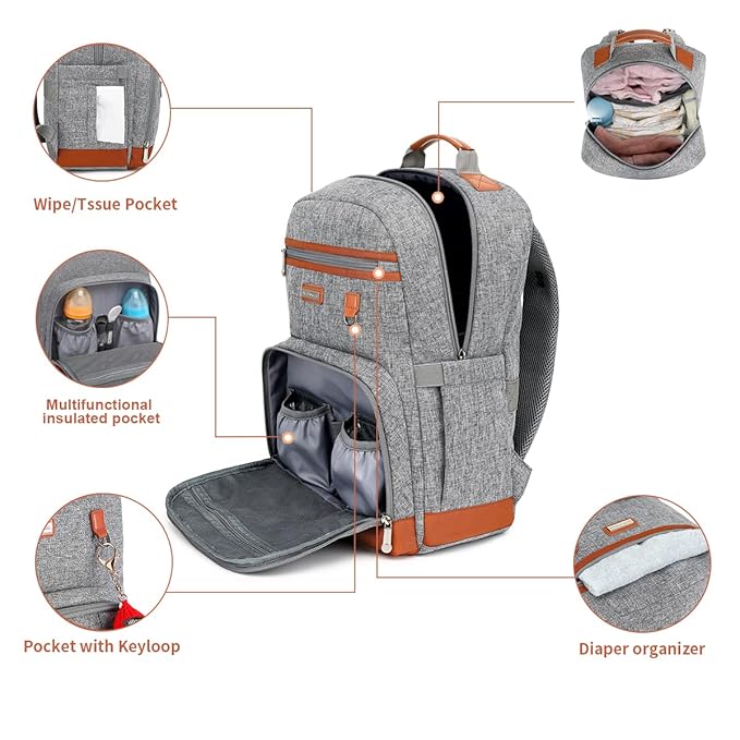 BILLITON MASHI Diaper Bag Backpack, Large Baby Nappy Bags with Portable Changing Pad for Boys and GirlsMultifunction Travel Baby Bag for Moms Dads, Shower Gifts Waterproof and Stylish，Grey