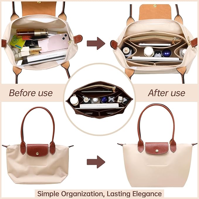 OPPOSHE Purse Organizer Insert for Longchamp Le Pliage, Premium Felt Long Champ Bag Handbag Women, Tote Organizer Insert with 6 Compartments (Small, Dark Brown)