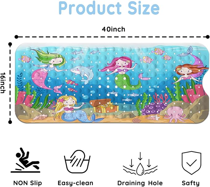 KINUUIS Bathtub Mats for Kids, Sea Ocean Mermaid Bath Mat for Tub Non Slip, 40 X 16 Inch Large Washable Bathtub Mat Non Slip for Showers with Drain Holes and Suction Cups