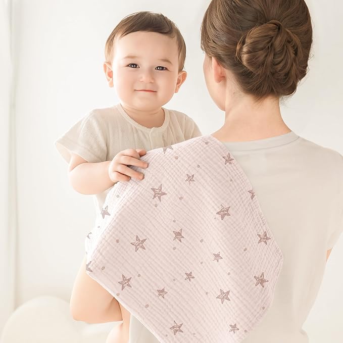 Susurration Muslin Burp Cloths Baby Washcloths 100% Cotton Burp Cloths Baby Girl 5 Pack, Absorbent and Soft Cloth Diapers 23.6 * 23.6 inch, Baby Girl Newborn Essentials-Pink Star