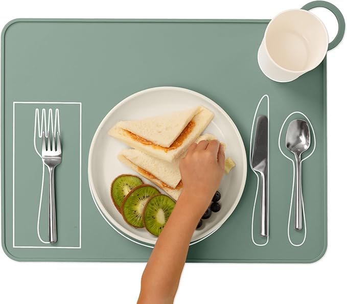 Kids Silicone Montessori Placemat for Toddlers | Children Plate Mat for Dining Table Setting | by Fire Rooster Kids (Green, 2)