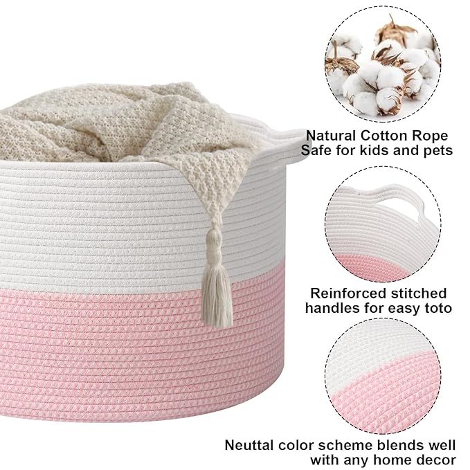 Large Storage Basket with Handle,19.7" L x 19.7" W x 13" H Blanket Basket Storage Bins for Organizing,65L Cotton Rope Woven Baskets for Living Room, Nursery,Bedroom,White&Pink