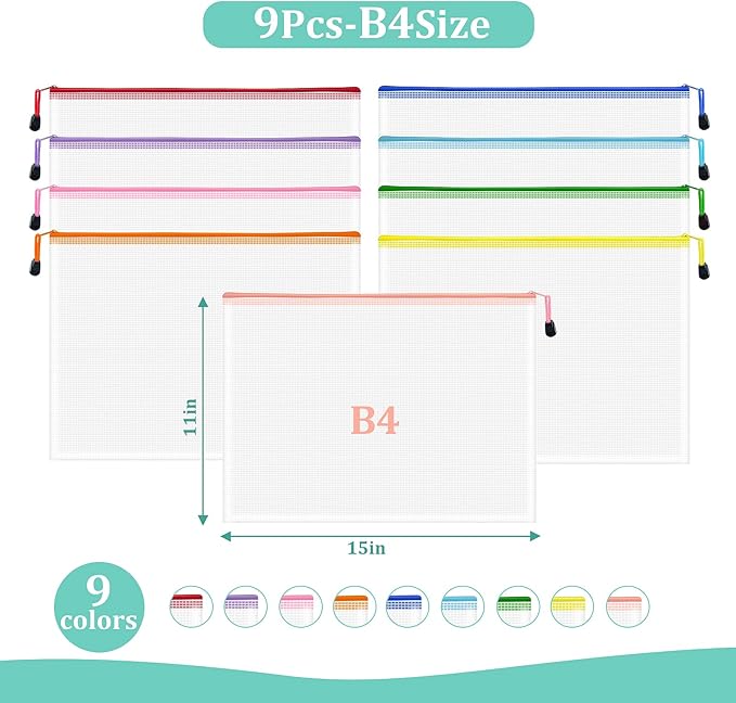 VVCOIIROEI 9pcs Mesh Zipper Pouch Bags, B4 Sizes Zipper Pouch, Mesh Bags With Zipper, Plastic Zipper Pouches, 9 Colors Zipper Pouches for Organizing, Board Game Storage, Travel, School Office organize