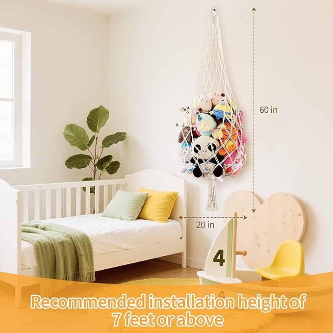 Stuffed Animal Storage, 5Ft Corner Hanging Stuffy Toy Hammock, Large Stuffed Animal Holder Organizer with Hooks, Macrame Plushie Net for Nursery Kids Playroom Bedroom Decoration (Cream)