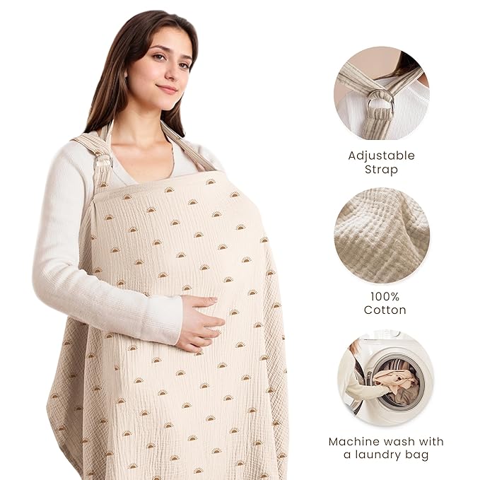 Konssy Muslin Nursing Cover for Baby Breastfeeding, Breathable 100% Cotton Breastfeeding Cover with Rigid Hoop for Mother Nursing Apron, Multi-use Carseat Canopy (Sun)