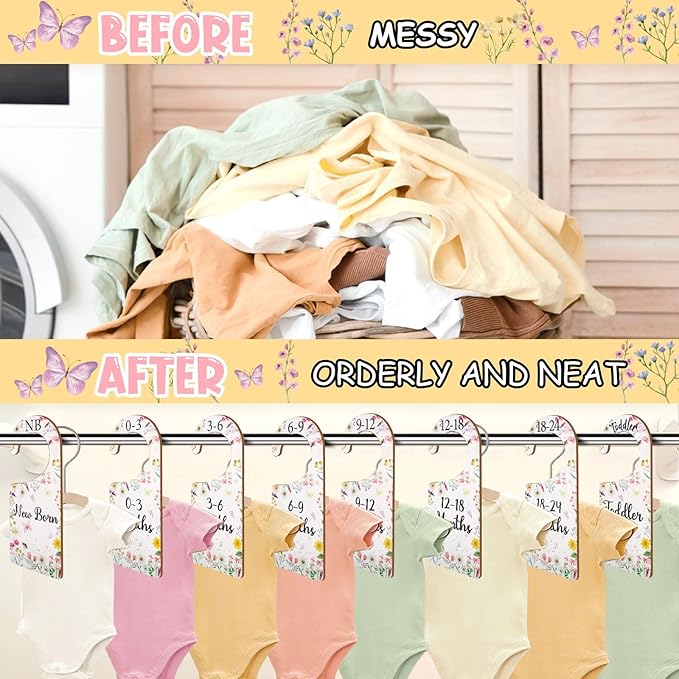 Baby Closet Dividers 8PCS, Wildflower/Floral Theme Wooden Double-Sided Clothes Size Hanger Organizer from Newborn to Toddler for Nursery Decor Baby Shower Birthday Gift