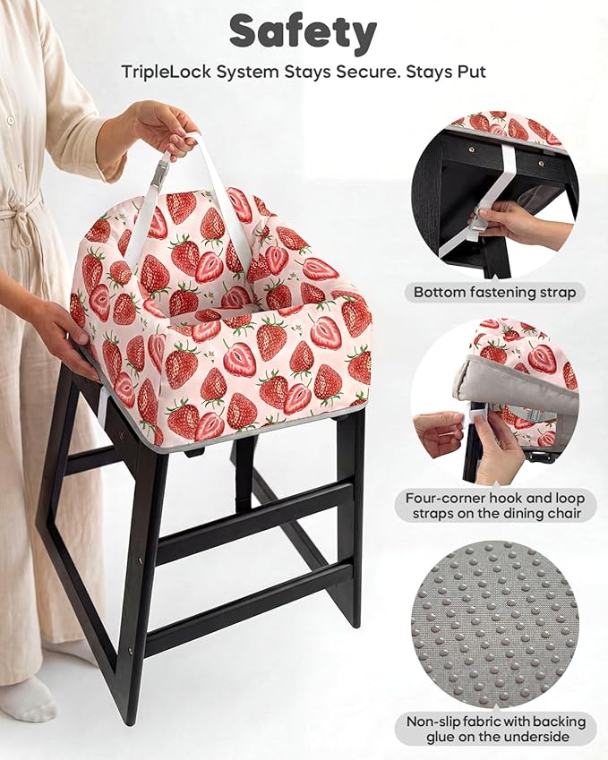 Mamatepe Baby High Chair Cover with Strap Pads & 2-Point Harness - Machine Washable, Waterproof, Portable for Restaurant/Travel/Home - Fits Wooden High Chairs, Red Strawberry