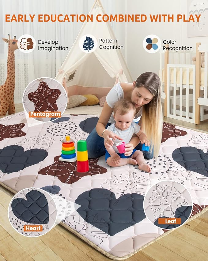 74x50 Playpen Mat Foam Thick, Large Baby Play Mat for Babies Kids Toddlers Infants Floor Crawling, Washable Cushioning Padded Baby Playmat for Indoor Outdoor, Gift for Boys Girls, Boho Leaf