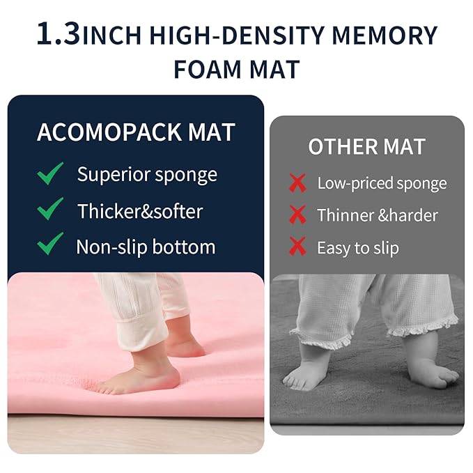 ACOMOPACK Baby Play Mat for Floor 1.3" Thick Memory Foam Play Mat 79"×157" Tummy Time Crawling with Non-Slip Bottom for Living Room,Nursery,Soft Velvet Playpen Mats for Kids,Infants（Pink）