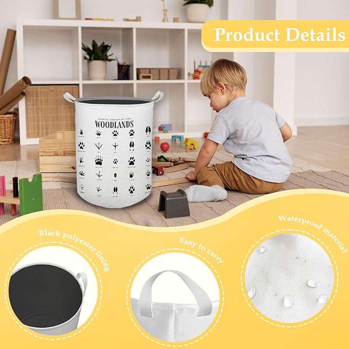 HKTZM Kids Laundry Basket, Animal Tracks of the Woodlands Laundry Basket Hamper Waterproof Collapsible Storage Bin Organizer for Bedroom Bathroom Boys Girls Kids Nursery Toddler Room Clothes Toys