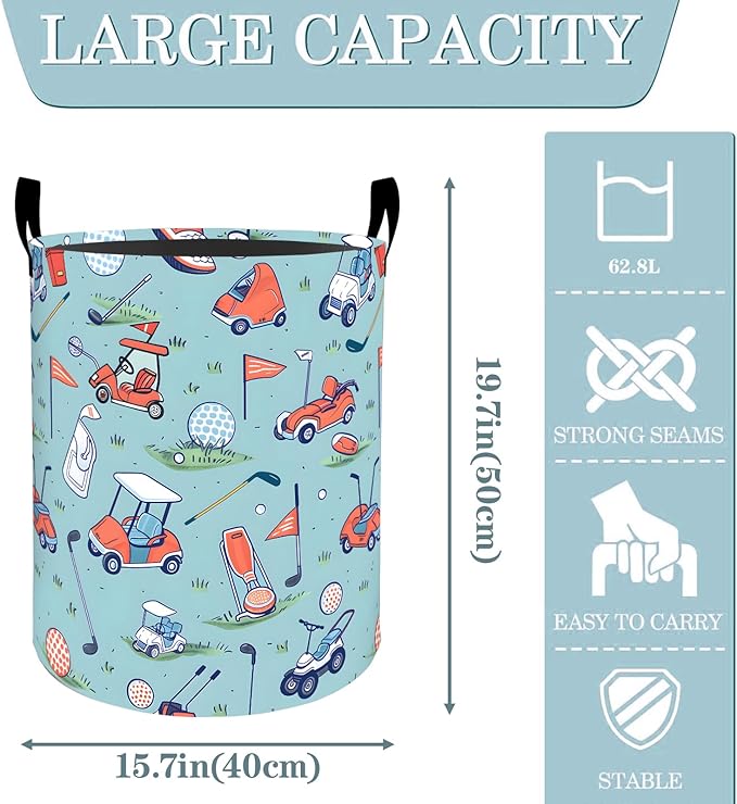VODRM Vintage Golf Cart and Ball Laundry Basket, Dirty Collapsible Clothes Toy Organizer Hamper for Kids Adults, Oxford Cloth Waterproof Storage Bin for Bedroom Bathroom Home Decor Gifts, 19.7"X15.7"