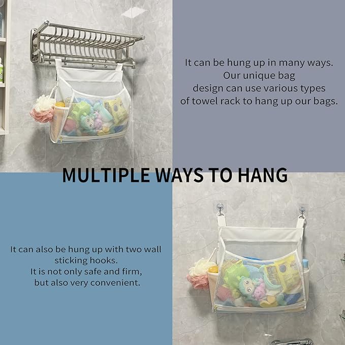 Ligereza Baby Mesh Bath Toy Organizer, Multiple Ways to Hang, Ultra Large Capacity & Large Opening, Bathroom Toy Holder, Bath Toy Storage Bag With 2 Side Pockets (White)