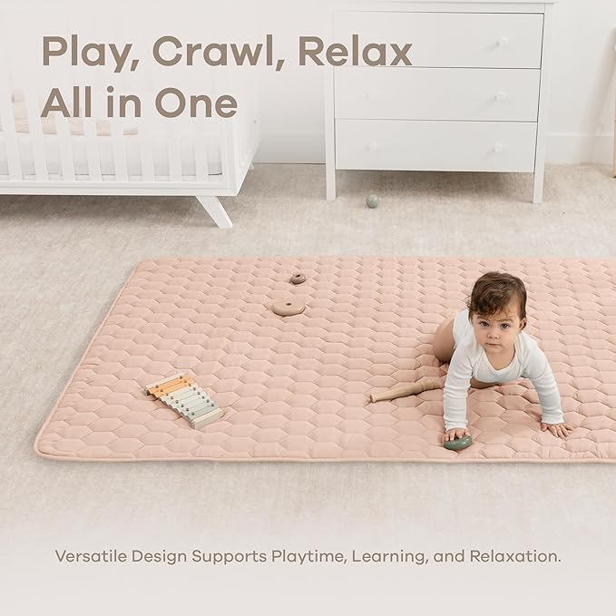 Comfy Cubs Rectangle Kids Play Mat - Medium 48 x 72 inches Soft Quilted Baby Floor Mat with Non-Slip Bottom - Plush Design for Toddlers Playtime - Comfortable and Durable - Blush