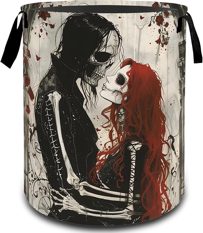 VODRM Gothic Skeleton Lovers Rose Laundry Basket, Dirty Collapsible Clothes Toy Organizer Hamper for Kids Adults, Oxford Cloth Waterproof Storage Bin for Bathroom Halloween Decor Gifts, 19.7"X15.7"