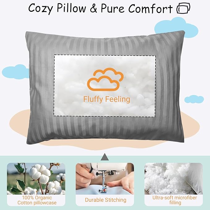 ZPECC Toddler Pillow with Pillowcase 2 Pack - 13x18 Organic Cotton Hypoallergenic Kids Pillow, Baby Essentials for Travel Crib Daycare Stroller (Intended for Age 2 and up) Grey Stripe