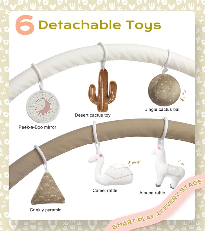 Little Dove Tummy Time Mat with 6 Toys, Macrame Baby Play Mat for Newborn, Baby Gym with 12 Milestone Cards, Stage-Based Sensory and Motor Skill Development Baby Play Gym, Non Slip Mat Washable, Khaki